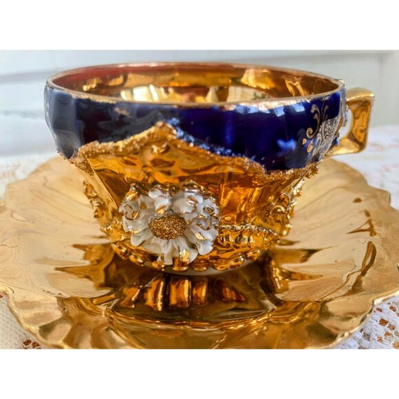 Antique German Porcelain Teacup Saucer Heavy Gold Cobalt Blue 3D Flower - Picture 9 of 16